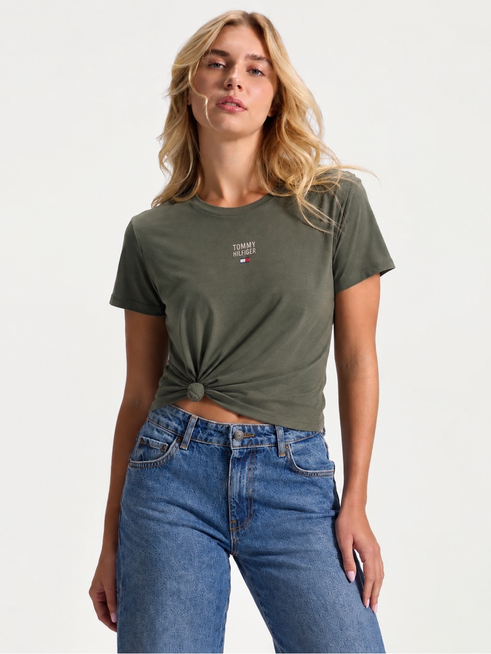Tommy Hilfiger Sport Army Green Cotton Blend Logo Tee Size S